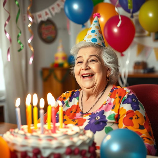 A happy, plump elderly woman celebrating her birthday, surrounded by colorful balloons and a big cake with candles, wearing a festive party hat