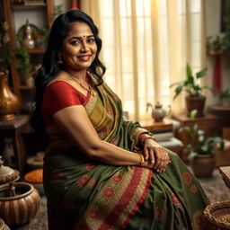 A fair-complexioned Indian woman with a voluptuous figure, dressed in a beautifully draped saree, sitting gracefully in a cozy room filled with traditional Indian decor