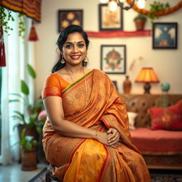 A fair-complexioned Indian woman with a voluptuous figure, dressed in a beautifully draped saree, sitting gracefully in a cozy room filled with traditional Indian decor