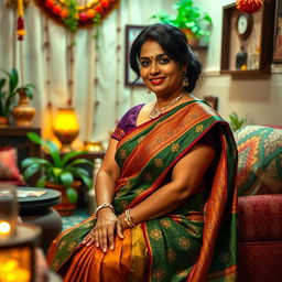 A fair-complexioned Indian woman with a voluptuous figure, dressed in a beautifully draped saree, sitting gracefully in a cozy room filled with traditional Indian decor