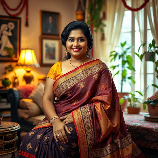 A fair-complexioned Indian woman with a voluptuous figure, dressed in a beautifully draped saree, sitting gracefully in a cozy room filled with traditional Indian decor