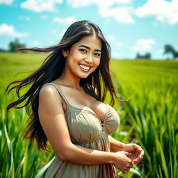 A beautiful Indonesian farmer woman with voluptuous, large, round breasts, wearing traditional farming attire, playfully posing in a lush green rice field