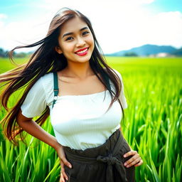 A beautiful Indonesian farmer woman with voluptuous, large, round breasts, wearing traditional farming attire, playfully posing in a lush green rice field