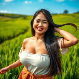 A beautiful Indonesian farmer woman with voluptuous, large, round breasts, wearing traditional farming attire, playfully posing in a lush green rice field