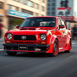 An artistic rendering of a modified Toyota KE70 car, featuring a unique Masada Demio-face grille design