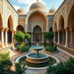 An enchanting scene inspired by Iranian architecture, featuring elegant Islamic arches and domes surrounding a central courtyard