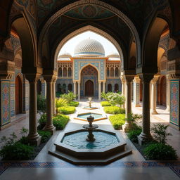 An enchanting scene inspired by Iranian architecture, featuring elegant Islamic arches and domes surrounding a central courtyard
