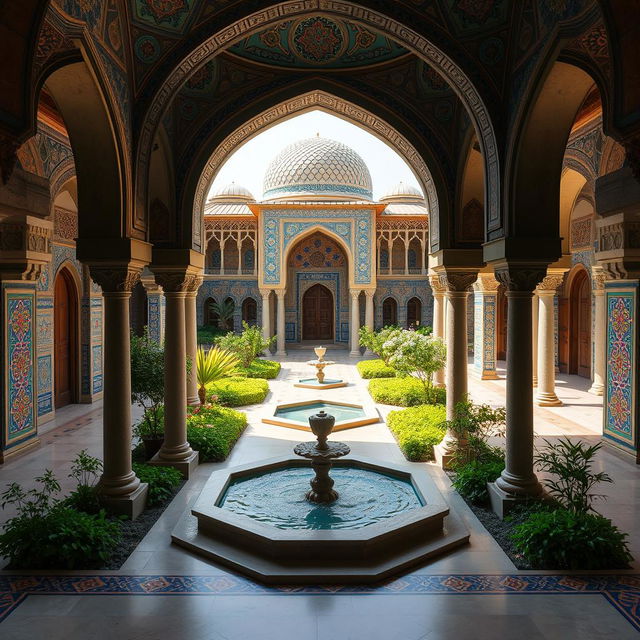 An enchanting scene inspired by Iranian architecture, featuring elegant Islamic arches and domes surrounding a central courtyard