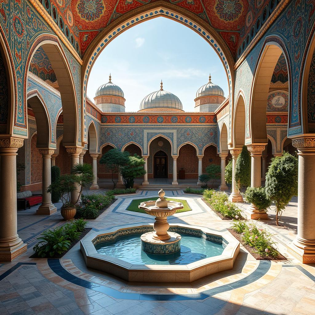 An enchanting scene inspired by Iranian architecture, featuring elegant Islamic arches and domes surrounding a central courtyard