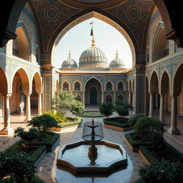 An enchanting scene inspired by Iranian architecture, featuring elegant Islamic arches and domes surrounding a central courtyard