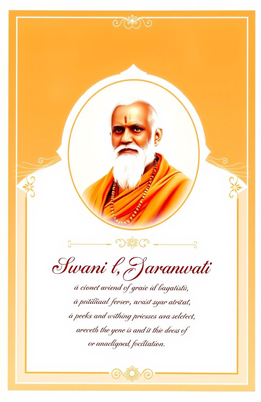 A beautifully designed cover page featuring a dignified portrait of Swami Dayanand Saraswati, a prominent leader in the Arya Samaj movement