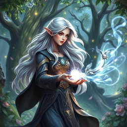 A fantasy scene depicting an original Dungeons & Dragons character named Vita, an elven mage