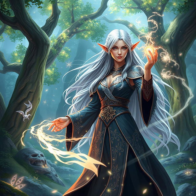 A fantasy scene depicting an original Dungeons & Dragons character named Vita, an elven mage