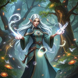 A fantasy scene depicting an original Dungeons & Dragons character named Vita, an elven mage
