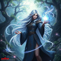 A fantasy scene depicting an original Dungeons & Dragons character named Vita, an elven mage