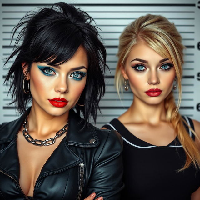 A photographic image depicting two captivating young women in a police line-up setting