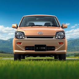 An artistic rendering of a Masada Demio car's face seamlessly integrated with the body of a classic Toyota KE70