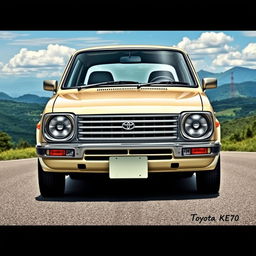 An artistic rendering of a Masada Demio car's face seamlessly integrated with the body of a classic Toyota KE70