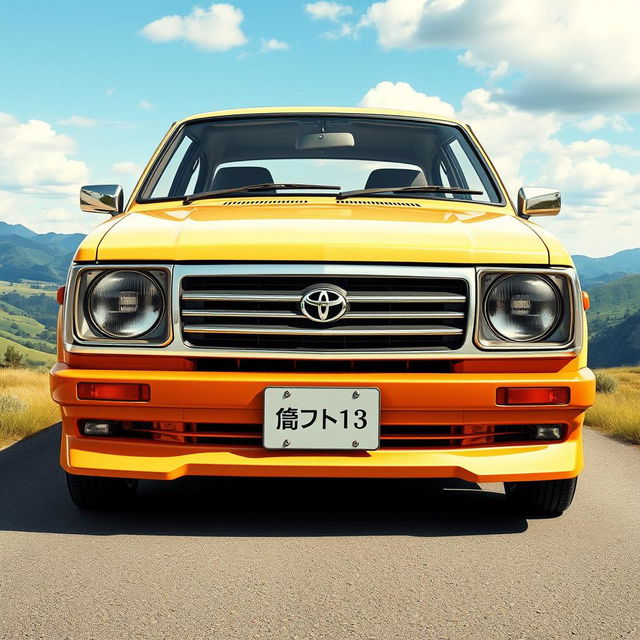 An artistic rendering of a Masada Demio car's face seamlessly integrated with the body of a classic Toyota KE70