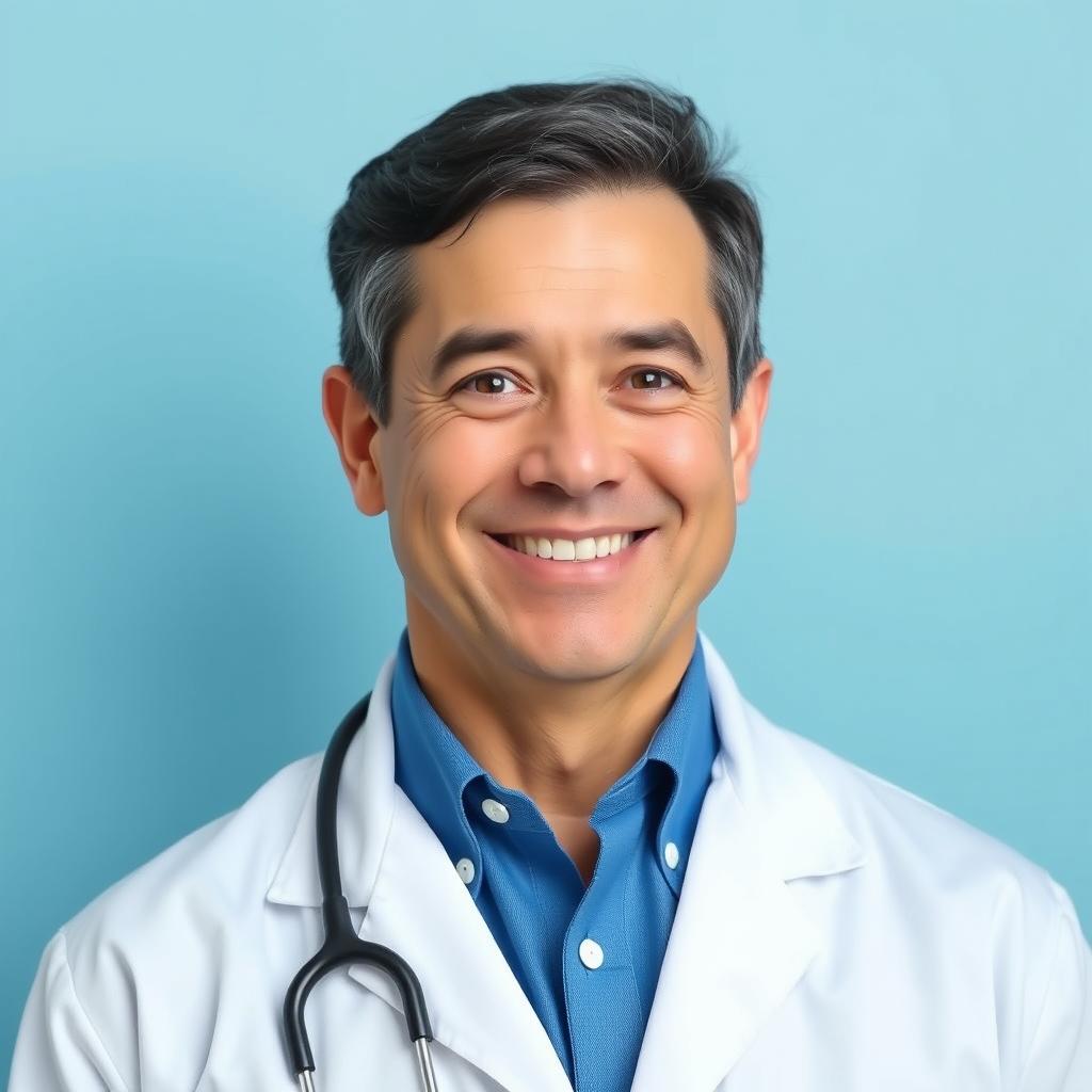 A professional profile photo of a doctor, featuring a middle-aged male with short dark hair and a warm smile