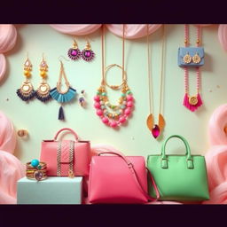 A vibrant display of trendy and stylish accessories featuring a variety of fashionable items such as statement earrings, layered necklaces, colorful bracelets, chic rings, and stylish handbags