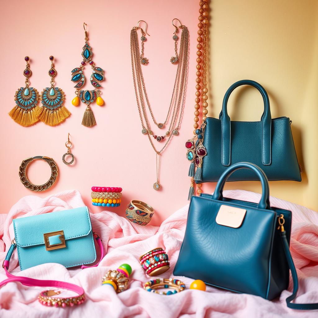 A vibrant display of trendy and stylish accessories featuring a variety of fashionable items such as statement earrings, layered necklaces, colorful bracelets, chic rings, and stylish handbags