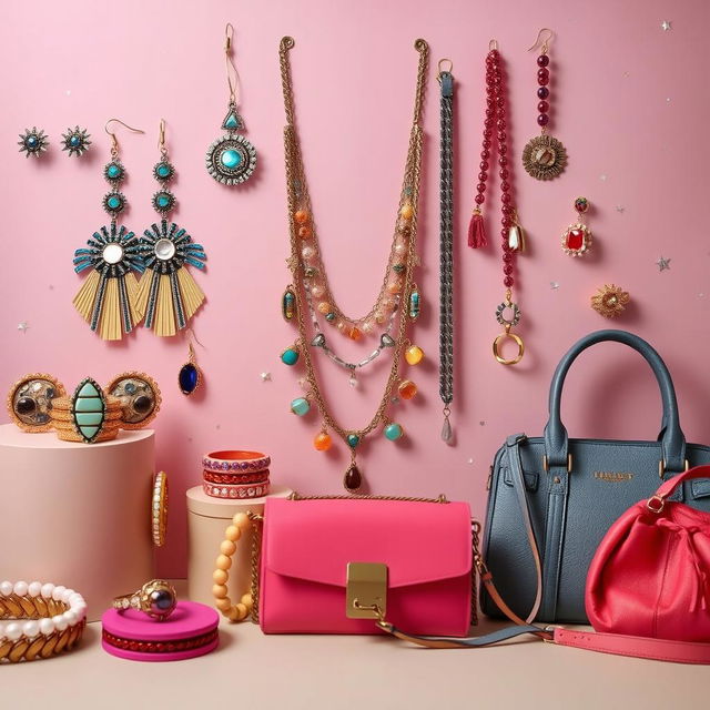 A vibrant display of trendy and stylish accessories featuring a variety of fashionable items such as statement earrings, layered necklaces, colorful bracelets, chic rings, and stylish handbags