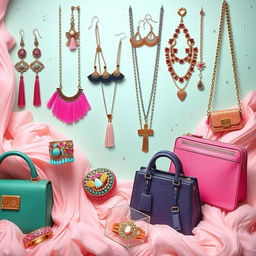 A vibrant display of trendy and stylish accessories featuring a variety of fashionable items such as statement earrings, layered necklaces, colorful bracelets, chic rings, and stylish handbags