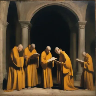 The painting depicted a group of monks singing Gregorian chants in a dimly lit church.