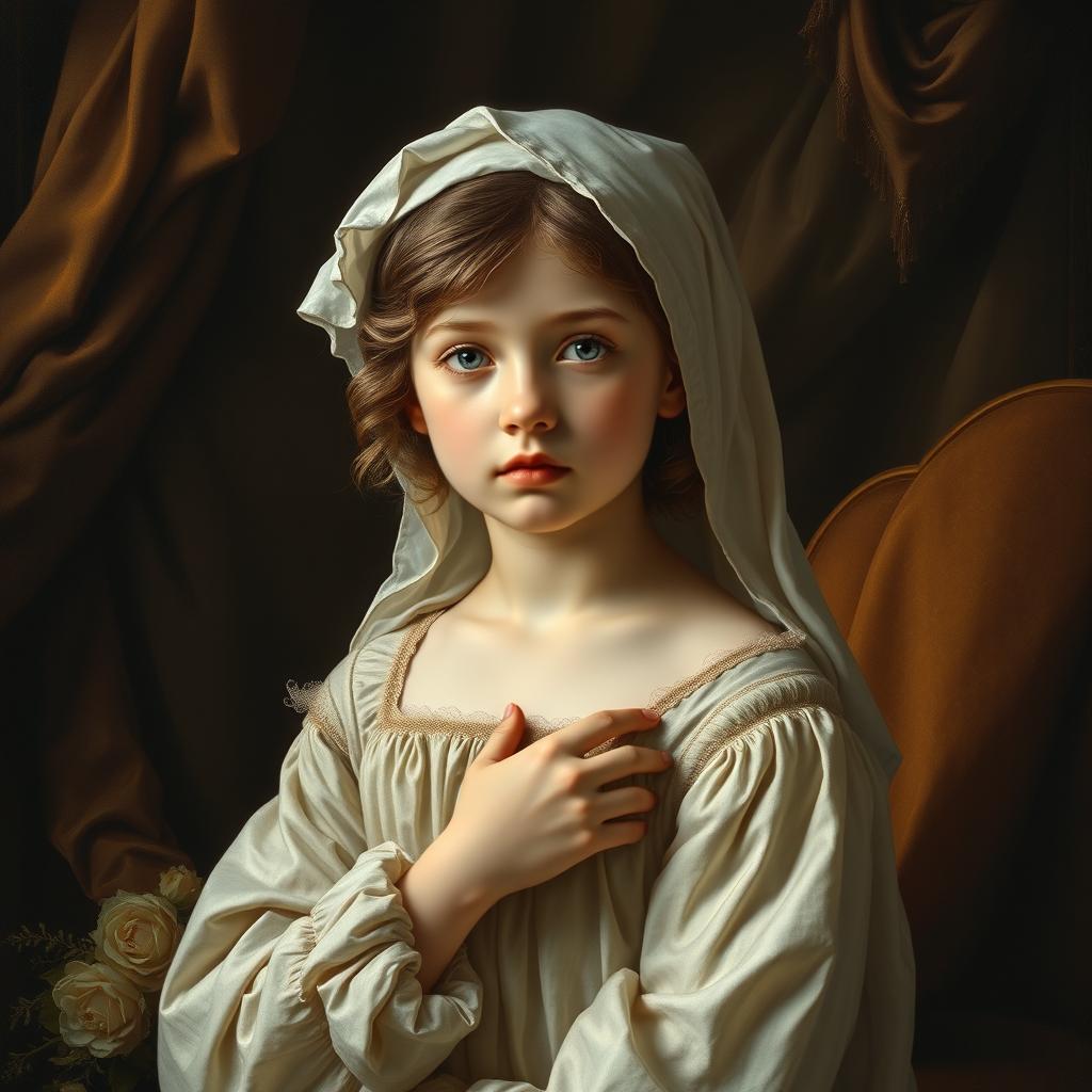 A simple, modest girl depicted in the elegant and intricate style of the Baroque art period, with delicate features and soft, flowing garments