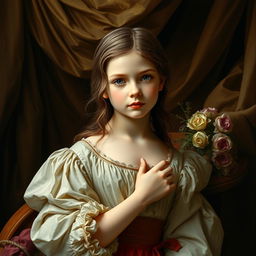 A simple, modest girl depicted in the elegant and intricate style of the Baroque art period, with delicate features and soft, flowing garments