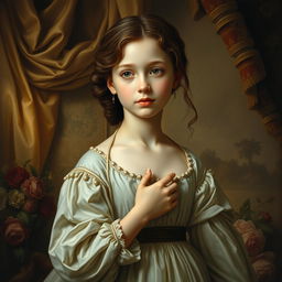 A simple, modest girl depicted in the elegant and intricate style of the Baroque art period, with delicate features and soft, flowing garments