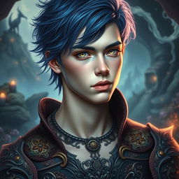 A stunningly handsome young man with pale skin and striking dark blue hair that is styled in an artistic, fantasy-inspired manner