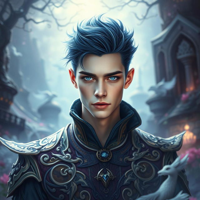 A stunningly handsome young man with pale skin and striking dark blue hair that is styled in an artistic, fantasy-inspired manner