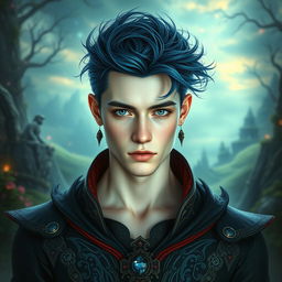 A stunningly handsome young man with pale skin and striking dark blue hair that is styled in an artistic, fantasy-inspired manner