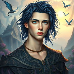 A stunningly handsome young man with pale skin and striking dark blue hair that is styled in an artistic, fantasy-inspired manner