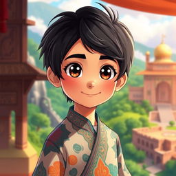 An animated portrait of an Iranian boy with black hair, featuring bright and captivating colors