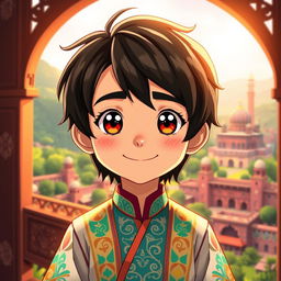 An animated portrait of an Iranian boy with black hair, featuring bright and captivating colors