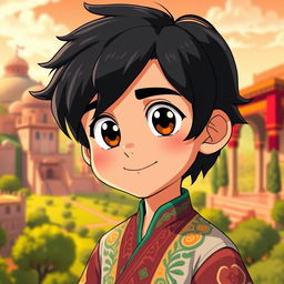 An animated portrait of an Iranian boy with black hair, featuring bright and captivating colors
