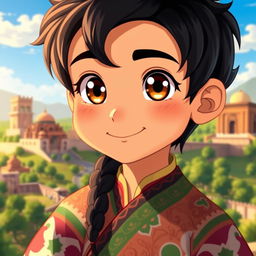 An animated portrait of an Iranian boy with black hair, featuring bright and captivating colors