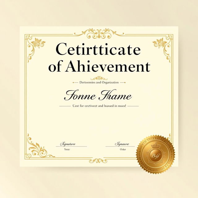 An elegant and professional certificate design featuring a gold embossed seal at the bottom right corner, a decorative border with floral patterns, and space for a recipient's name in the center