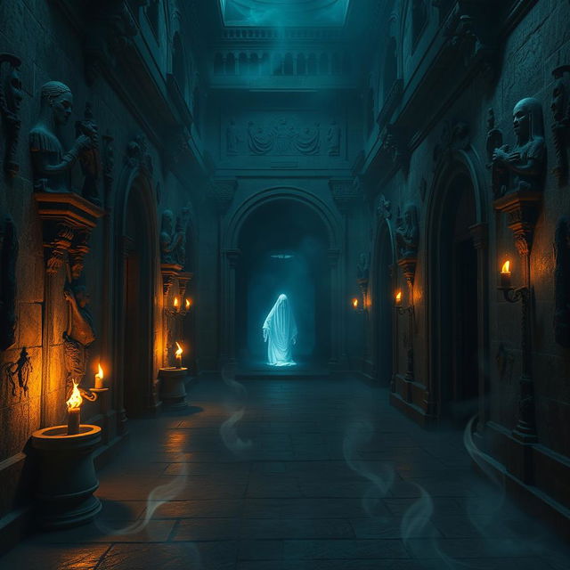 An eerie, hauntingly beautiful hall of the dead, adorned with ancient stone carvings, flickering torches casting shadows on the walls