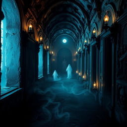 An eerie, hauntingly beautiful hall of the dead, adorned with ancient stone carvings, flickering torches casting shadows on the walls