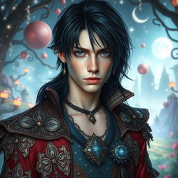 A stunningly handsome young man with pale skin and striking black dark blue hair that falls artistically around his face