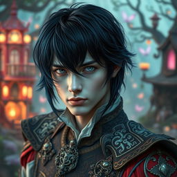 A stunningly handsome young man with pale skin and striking black dark blue hair that falls artistically around his face