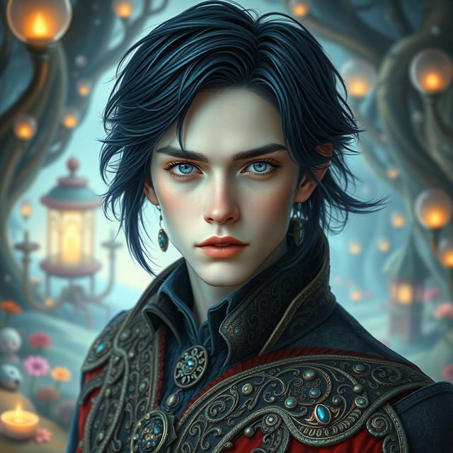 A stunningly handsome young man with pale skin and striking black dark blue hair that falls artistically around his face
