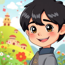 An animated illustration of an Iranian boy with black hair, showcasing traditional Persian features
