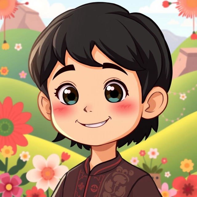 An animated illustration of an Iranian boy with black hair, showcasing traditional Persian features