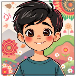 An animated illustration of an Iranian boy with black hair, showcasing traditional Persian features