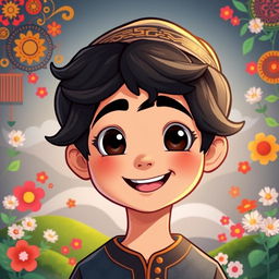 An animated illustration of an Iranian boy with black hair, showcasing traditional Persian features